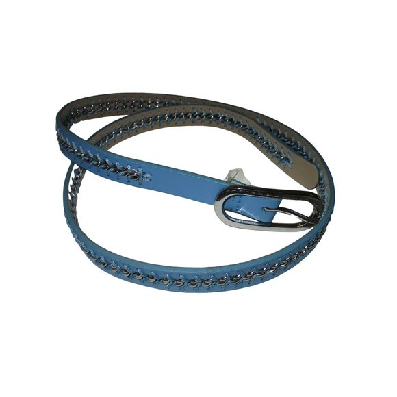 *Talbots Blue Leather Belt RETRO Silver Metal Woven Stitch Design - Size S - Picture 5 of 7